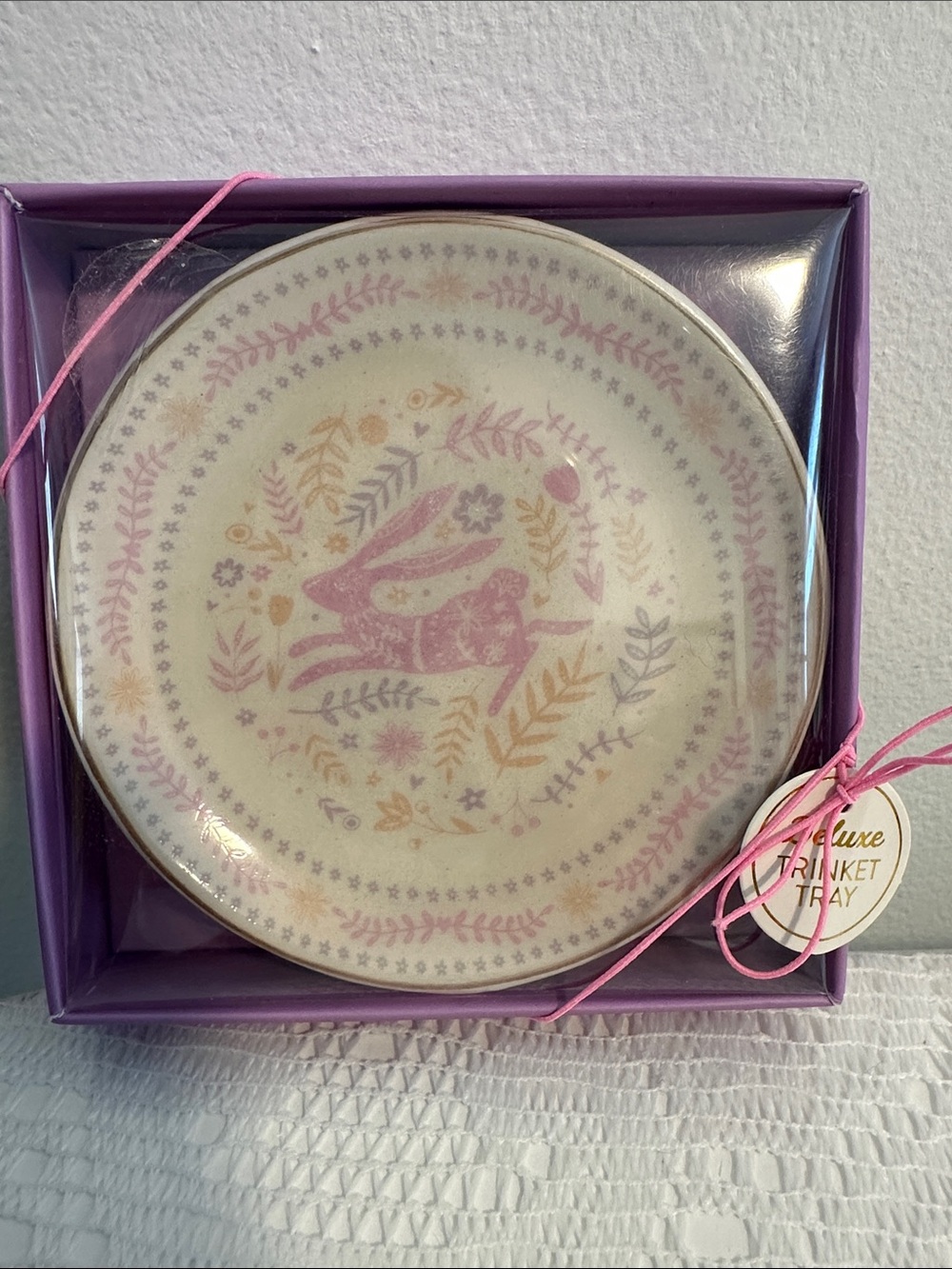Delicate Pink Floral Bunny delux trinket tray NWT purple jewelry tray